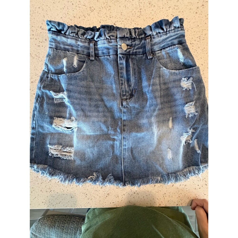 Hayden Ruffled Waist Distressed Blue Denim Mini Skirt L